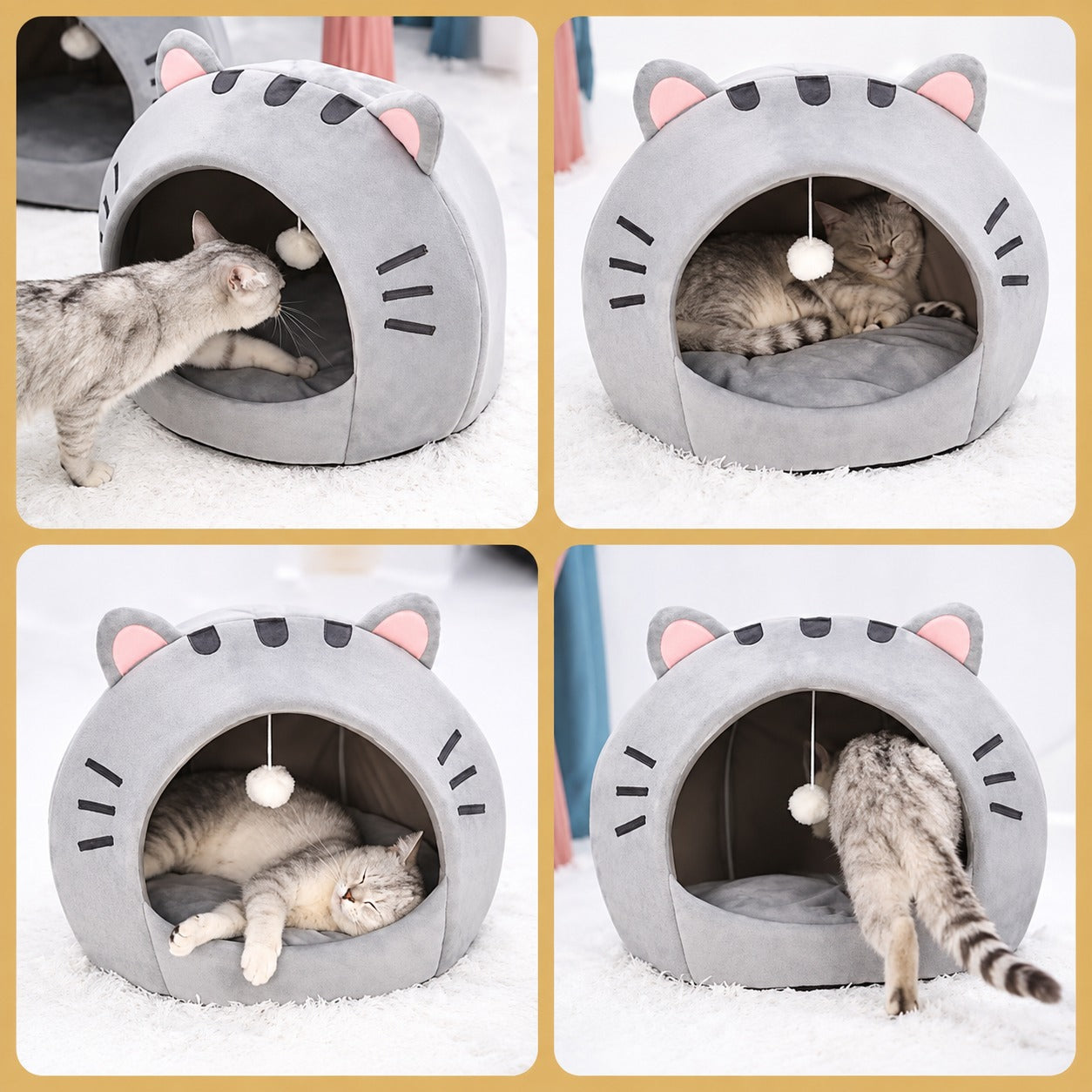 Collage de gato explorando y descansando en la Cueva Kotta Orejitas