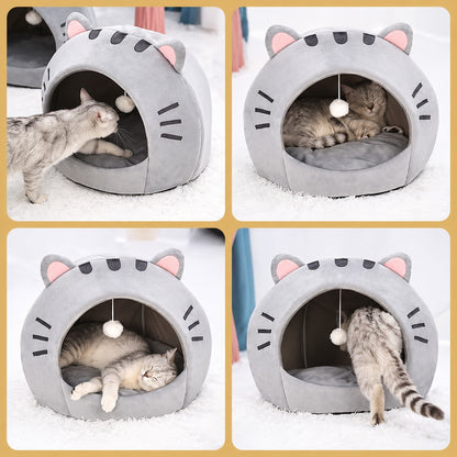 Collage de gato explorando y descansando en la Cueva Kotta Orejitas