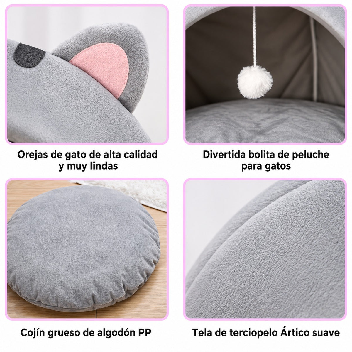 Detalles de la Cueva Kotta Orejitas: orejitas, bolita, cojín y tela